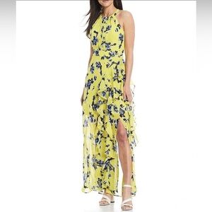 Eliza J Yellow and Blue Asymmetrical High-Low Halter Sundress